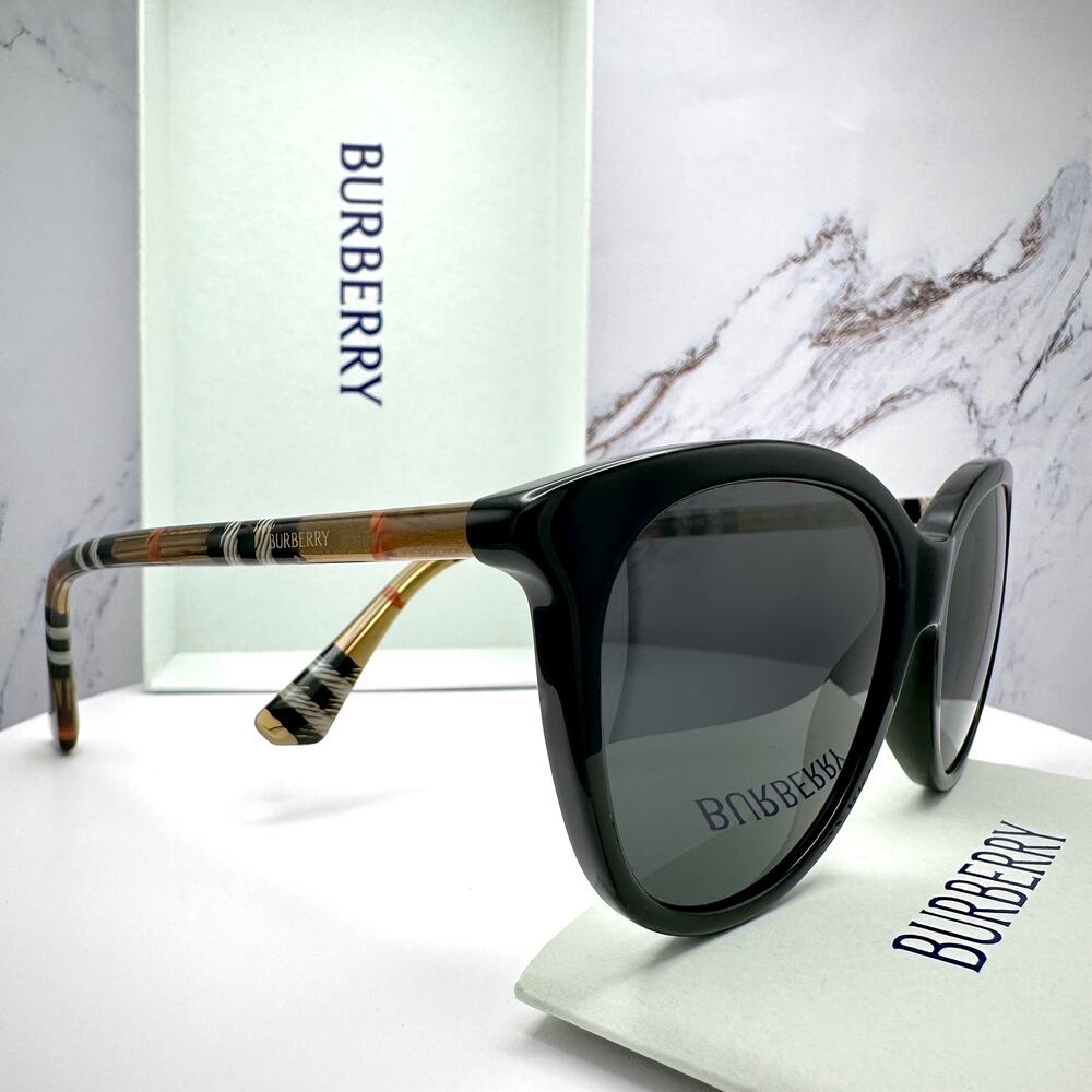 New Burberry Sunglasses Black Front Round Pantos Frame Checkered Arms Gray Lens - Picture 9 of 16